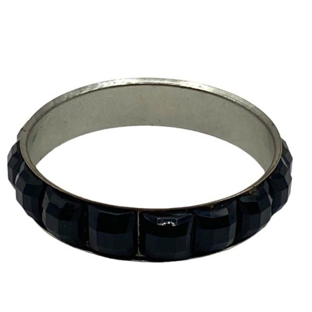 Vintage Black Glass and Silver Bangle Bracelet - Picture 2 of 4